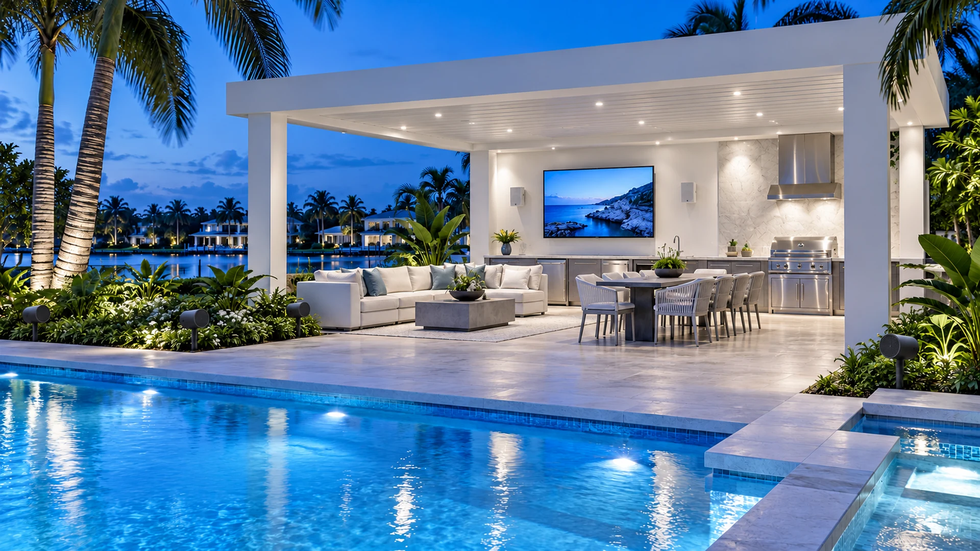Cool-blue poolside entertainment space with outdoor kitchen, pergola, wall-mounted speakers, outdoor TV, and garden speakers