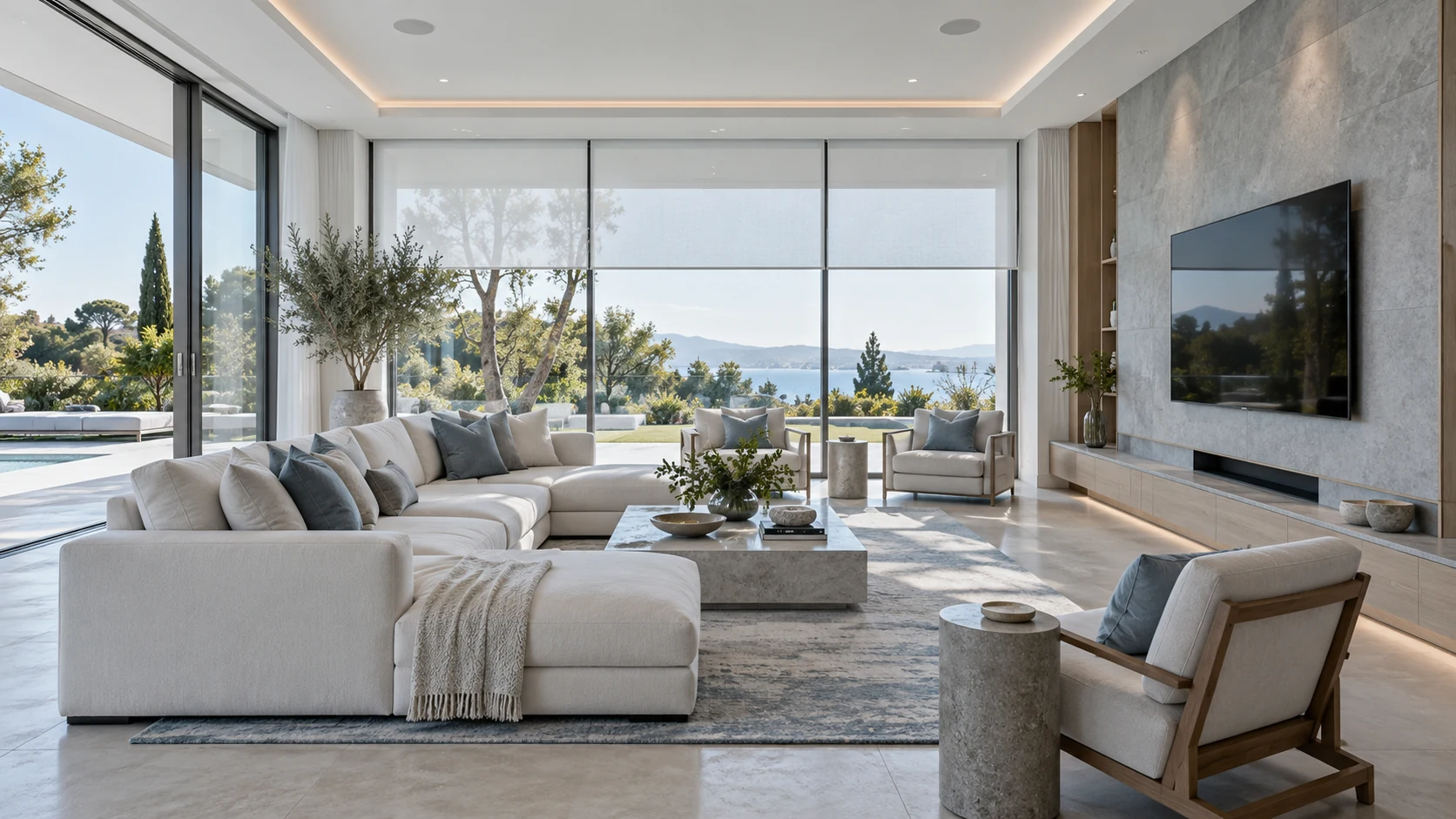 Cool-white living room with integrated lighting, automated shades, and architectural speakers