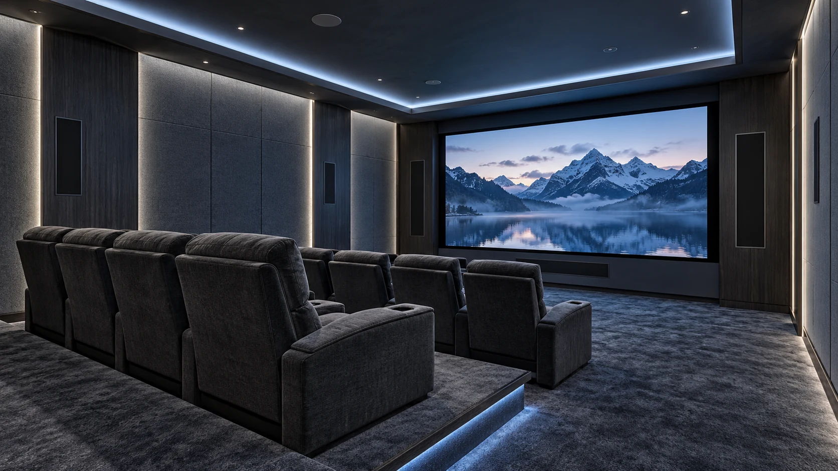 Slate-blue home theater with a large screen and cinematic seating
