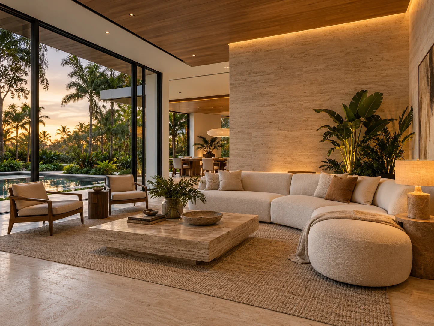 Architectural living room with layered cove lighting and soft illumination